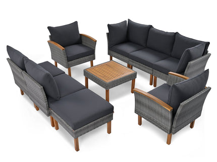 9-Piece Gray Patio Rattan Conversation Set with Cushions & Acacia Wood Accents – Modular Outdoor Sectional Sofa Set