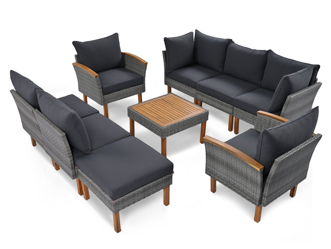 9-Piece Gray Patio Rattan Conversation Set with Cushions & Acacia Wood Accents – Modular Outdoor Sectional Sofa Set