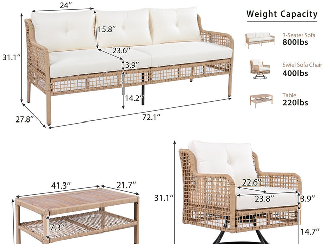 4-Piece Patio Wicker Furniture Set with Swivel Chairs, 3-Seat Sofa & Wood Coffee Table – Beige Cushions