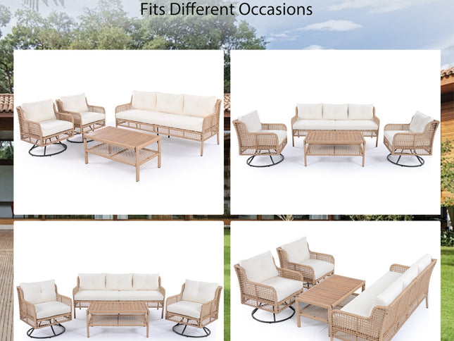 4-Piece Patio Wicker Furniture Set with Swivel Chairs, 3-Seat Sofa & Wood Coffee Table – Beige Cushions