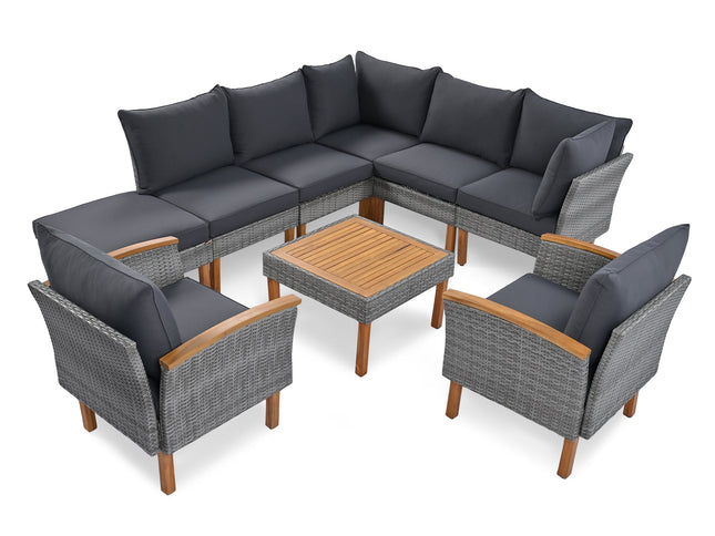 9-Piece Gray Patio Rattan Conversation Set with Cushions & Acacia Wood Accents – Modular Outdoor Sectional Sofa Set