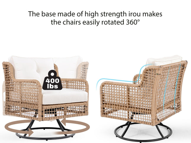 4-Piece Patio Wicker Furniture Set with Swivel Chairs, 3-Seat Sofa & Wood Coffee Table – Beige Cushions
