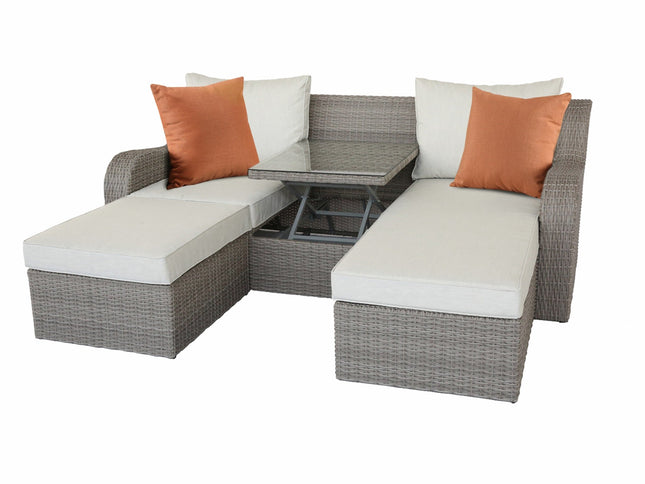 3-Piece Gray Wicker Patio Sectional Sofa & Ottoman Set with Beige Cushions and Pop-Up Table