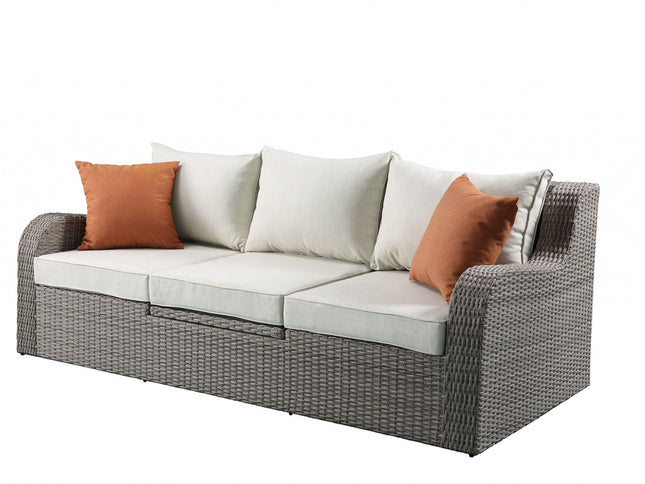 3-Piece Gray Wicker Patio Sectional Sofa & Ottoman Set with Beige Cushions and Pop-Up Table