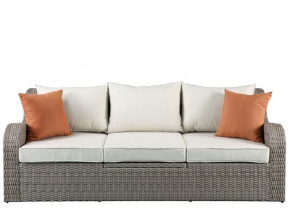 3-Piece Gray Wicker Patio Sectional Sofa & Ottoman Set with Beige Cushions and Pop-Up Table