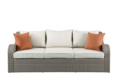3-Piece Gray Wicker Patio Sectional Sofa & Ottoman Set with Beige Cushions and Pop-Up Table