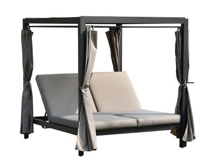 Gray Outdoor Double Chaise Daybed with Adjustable Canopy – Steel Frame & Cushions