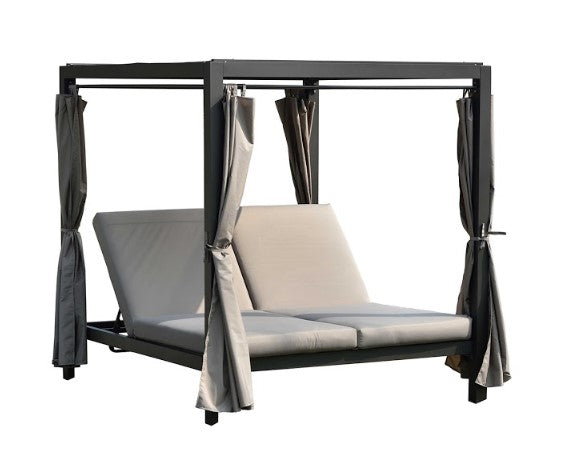 Gray Outdoor Double Chaise Daybed with Adjustable Canopy – Steel Frame & Cushions