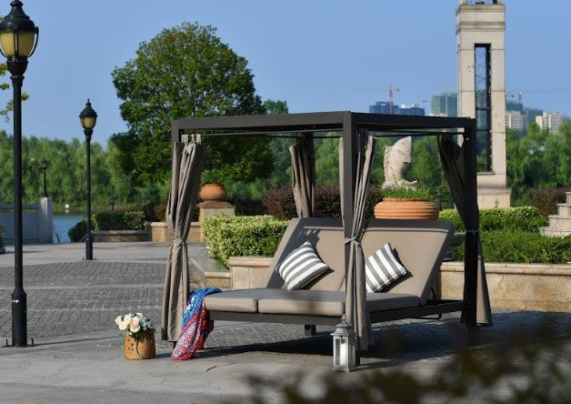 Gray Outdoor Double Chaise Daybed with Adjustable Canopy – Steel Frame & Cushions