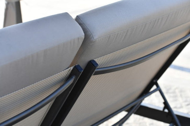 Gray Outdoor Double Chaise Daybed with Adjustable Canopy – Steel Frame & Cushions