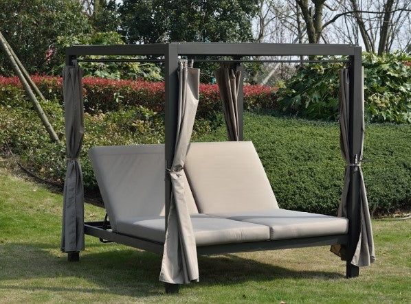 Gray Outdoor Double Chaise Daybed with Adjustable Canopy – Steel Frame & Cushions