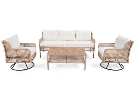 4-Piece Patio Wicker Furniture Set with Swivel Chairs, 3-Seat Sofa & Wood Coffee Table – Beige Cushions