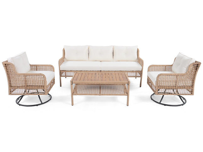 4-Piece Patio Wicker Furniture Set with Swivel Chairs, 3-Seat Sofa & Wood Coffee Table – Beige Cushions