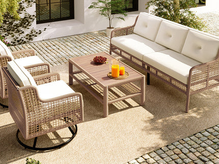 4-Piece Patio Wicker Furniture Set with Swivel Chairs, 3-Seat Sofa & Wood Coffee Table – Beige Cushions