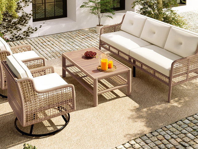 4-Piece Patio Wicker Furniture Set with Swivel Chairs, 3-Seat Sofa & Wood Coffee Table – Beige Cushions
