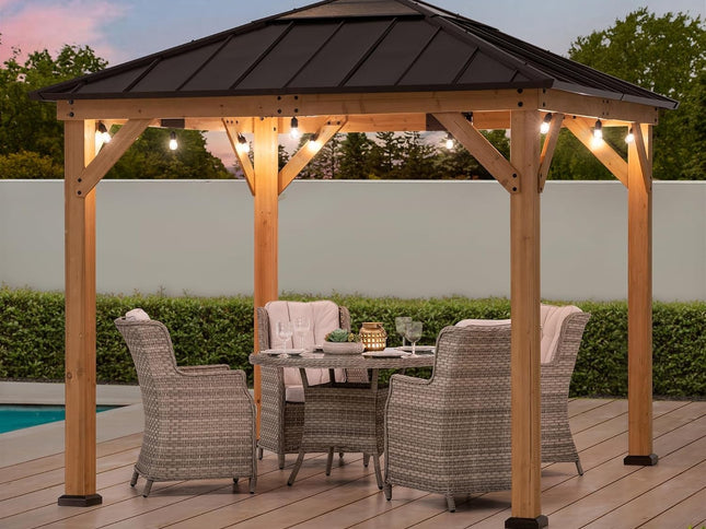 9x9 Cedar Framed Hardtop Gazebo with Brown Steel Roof – Elegant Outdoor Patio Shelte