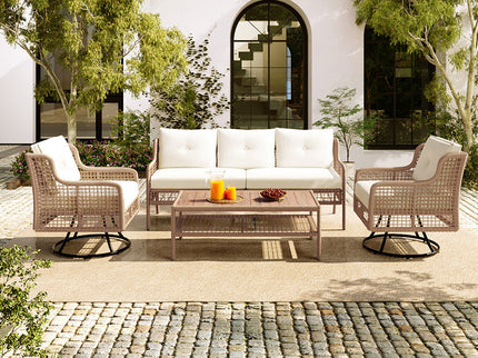 4-Piece Patio Wicker Furniture Set with Swivel Chairs, 3-Seat Sofa & Wood Coffee Table – Beige Cushions