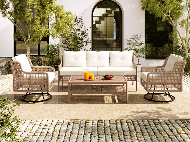 4-Piece Patio Wicker Furniture Set with Swivel Chairs, 3-Seat Sofa & Wood Coffee Table – Beige Cushions