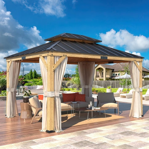 11’ x 13’ Spruce Wood Patio Gazebo with Double Asphalt Roof – Elegant Outdoor Shelter