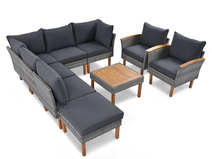 9-Piece Gray Patio Rattan Conversation Set with Cushions & Acacia Wood Accents – Modular Outdoor Sectional Sofa Set