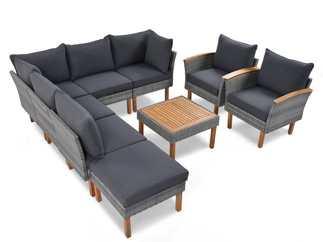9-Piece Gray Patio Rattan Conversation Set with Cushions & Acacia Wood Accents – Modular Outdoor Sectional Sofa Set