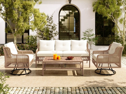 4-Piece Patio Wicker Furniture Set with Swivel Chairs, 3-Seat Sofa & Wood Coffee Table – Beige Cushions