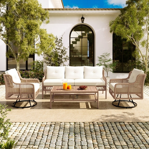 4-Piece Patio Wicker Furniture Set with Swivel Chairs, 3-Seat Sofa & Wood Coffee Table – Beige Cushions