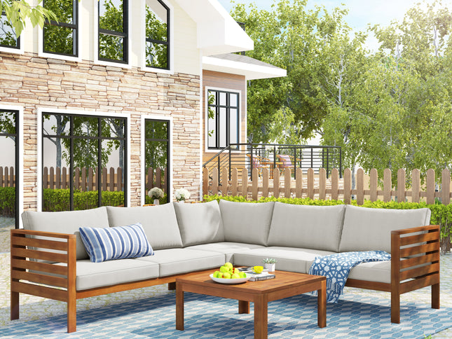 Wood Frame Outdoor Sofa Set with Beige Cushions – Acacia Patio Conversation Set with Coffee Table