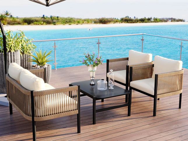 Beige Outdoor Modular Sofa Set with Glass Coffee Table
