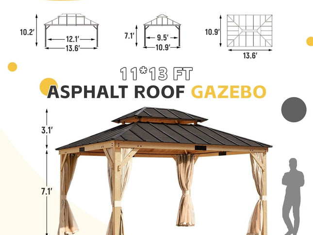 11’ x 13’ Spruce Wood Patio Gazebo with Double Asphalt Roof – Elegant Outdoor Shelter