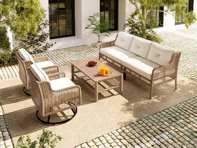 4-Piece Patio Wicker Furniture Set with Swivel Chairs, 3-Seat Sofa & Wood Coffee Table – Beige Cushions