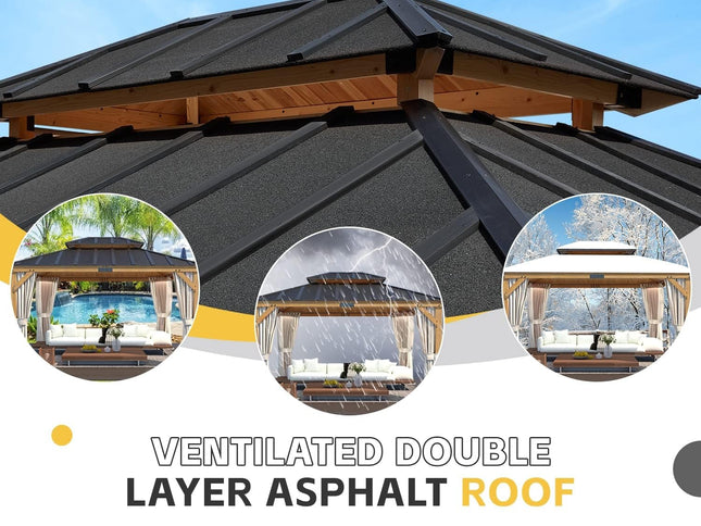 11’ x 13’ Spruce Wood Patio Gazebo with Double Asphalt Roof – Elegant Outdoor Shelter