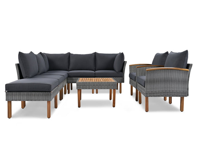 9-Piece Gray Patio Rattan Conversation Set with Cushions & Acacia Wood Accents – Modular Outdoor Sectional Sofa Set