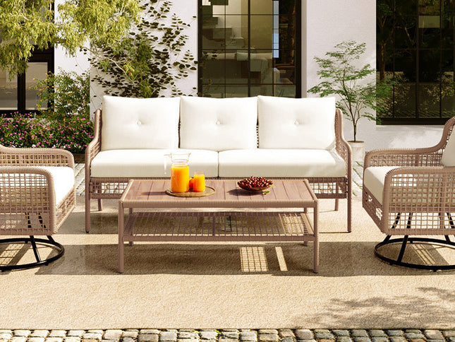 4-Piece Patio Wicker Furniture Set with Swivel Chairs, 3-Seat Sofa & Wood Coffee Table – Beige Cushions