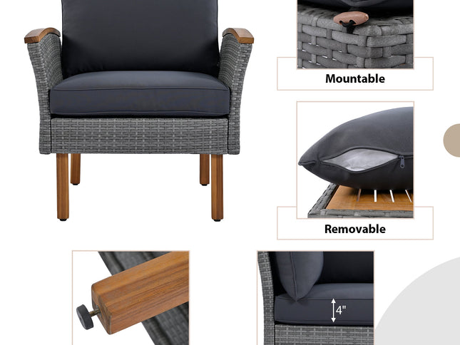 9-Piece Gray Patio Rattan Conversation Set with Cushions & Acacia Wood Accents – Modular Outdoor Sectional Sofa Set