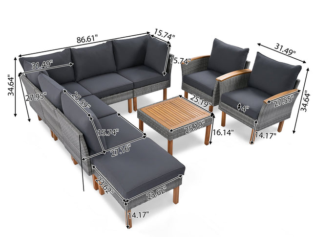 9-Piece Gray Patio Rattan Conversation Set with Cushions & Acacia Wood Accents – Modular Outdoor Sectional Sofa Set