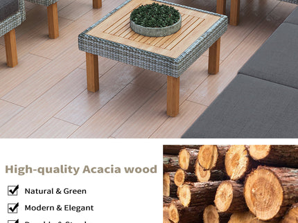 9-Piece Gray Patio Rattan Conversation Set with Cushions & Acacia Wood Accents – Modular Outdoor Sectional Sofa Set
