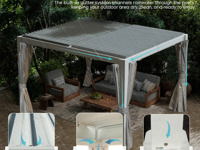 10' X 12' Aluminum Outdoor Pergola Adjustable Louvers Full Aluminum Frame Built-in Gutter System Modern Gazebo Canopy Pergola