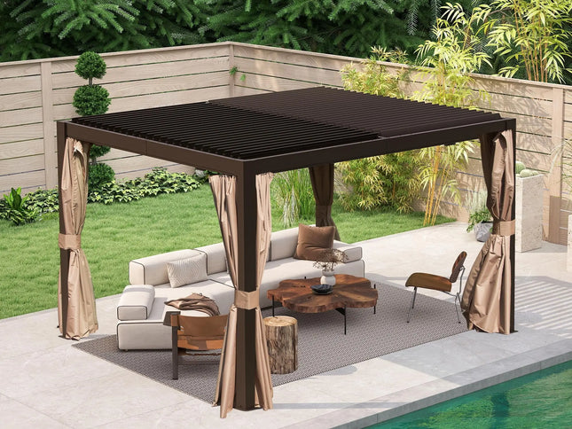 10' X 12' Aluminum Outdoor Pergola Adjustable Louvers Full Aluminum Frame Built-in Gutter System Modern Gazebo Canopy Pergola