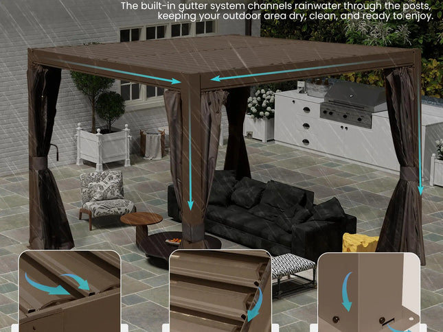Outdoor gazebo with smart drainage system in a patio setting