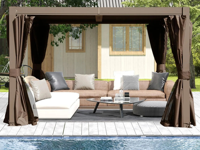 Outdoor patio with a canopy, sofa, and coffee table by a pool