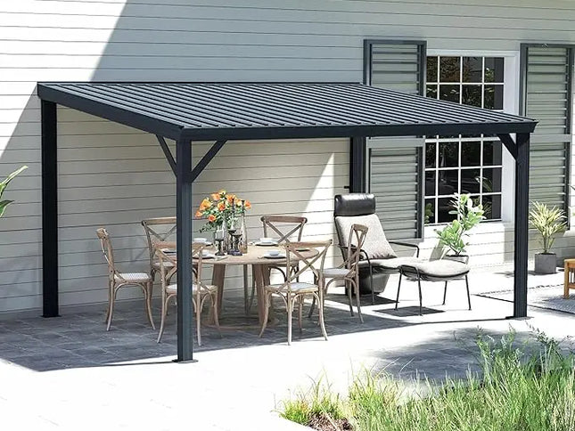 12’ x 20’ Lean-To Wall-Mounted Gazebo with Built-In Drainage & Galvanized Steel Roof – Modern Patio Shelter