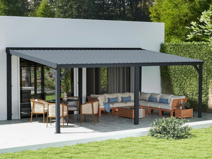 12’ x 20’ Lean-To Wall-Mounted Gazebo with Built-In Drainage & Galvanized Steel Roof – Modern Patio Shelter