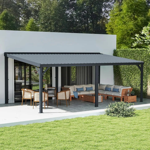 12’ x 20’ Lean-To Wall-Mounted Gazebo with Built-In Drainage & Galvanized Steel Roof – Modern Patio Shelter