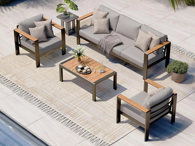 4-Piece Aluminum Outdoor Patio Furniture Set with Coffee Table & Gray Cushions – Modern Conversation Sectional
