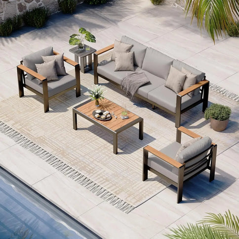4-Piece Aluminum Outdoor Patio Furniture Set with Coffee Table & Gray Cushions – Modern Conversation Sectional