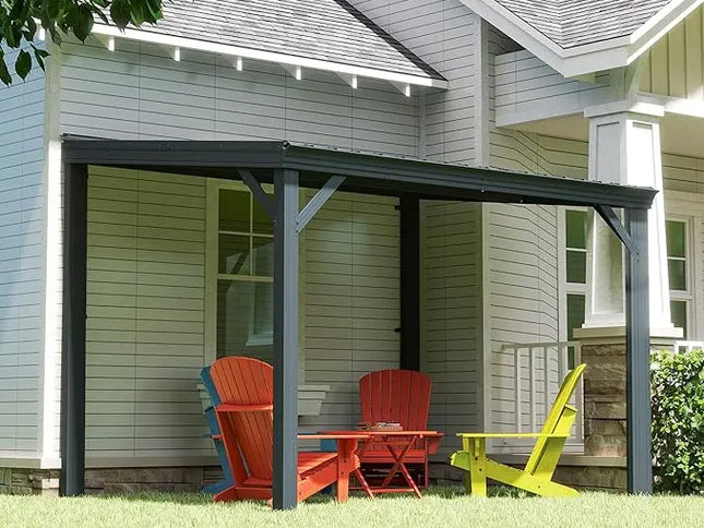 12’ x 20’ Lean-To Wall-Mounted Gazebo with Built-In Drainage & Galvanized Steel Roof – Modern Patio Shelter