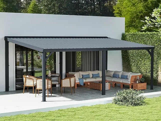 12’ x 20’ Lean-To Wall-Mounted Gazebo with Built-In Drainage & Galvanized Steel Roof – Modern Patio Shelter