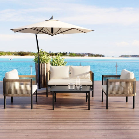 Beige Outdoor Modular Sofa Set with Glass Coffee Table