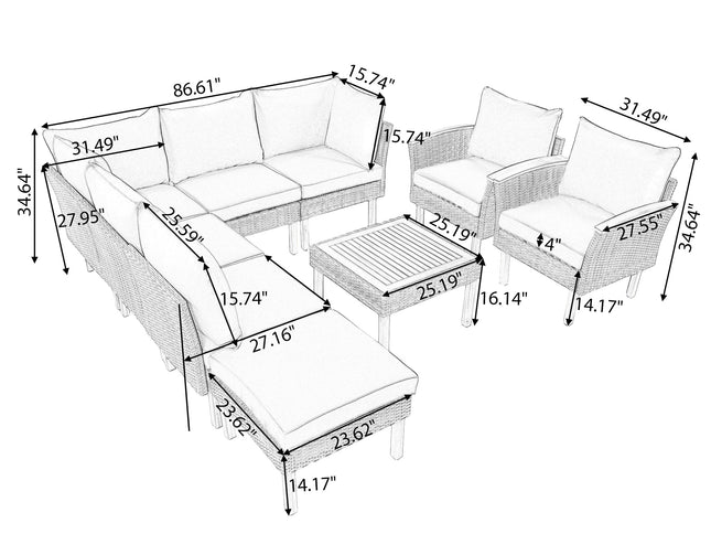 9-Piece Gray Patio Rattan Conversation Set with Cushions & Acacia Wood Accents – Modular Outdoor Sectional Sofa Set
